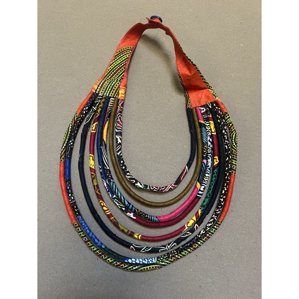 African Wax Print Fabric Multi Strand Rope Necklace Ankara Statement Bib Collar - Picture 2 of 6